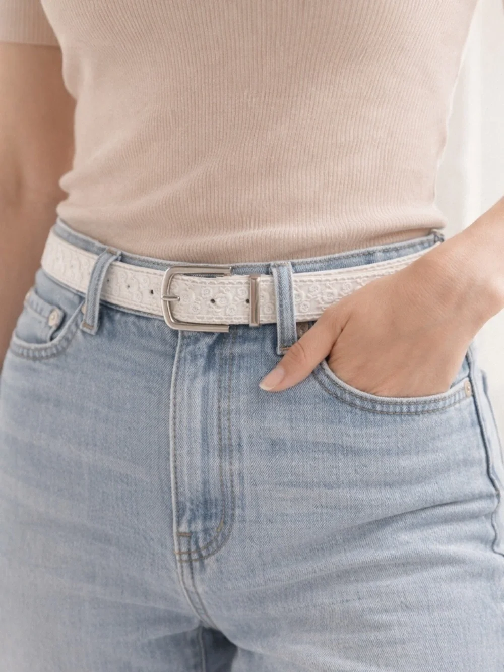 White Lace Belt Women Faux Leather Floral Embroidered Silver Buckle Cottagecore